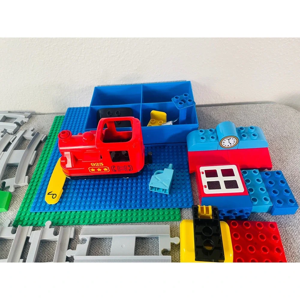 LEGO Duplo Steam Train Railway Track Set Gray Rails Blue Station Figures Lot